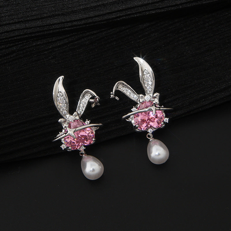 Micro Inlaid Powder Zirconium Rabbit Earrings Women's Light Luxury