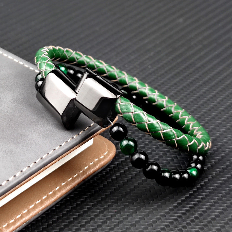 Fashion Multi-layer Beaded Green Tiger Eye Leather Bracelet