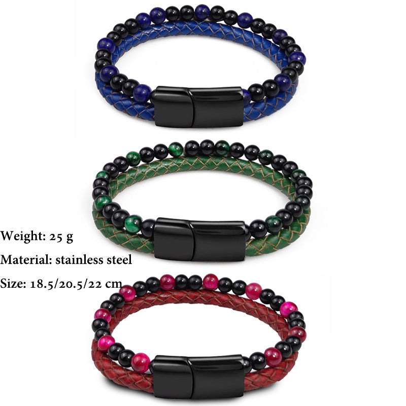 Fashion Multi-layer Beaded Green Tiger Eye Leather Bracelet