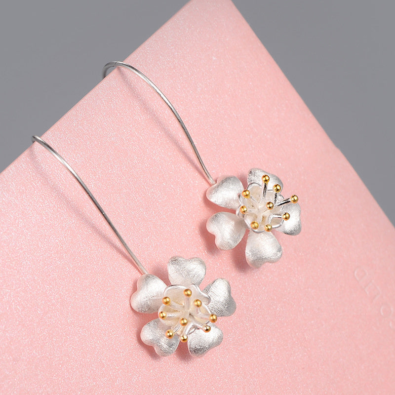 Long Jewelry Craft Flower Gold-plated S925 Sterling Silver Earrings