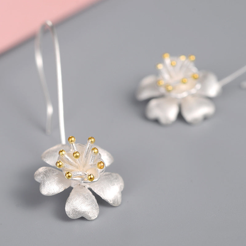 Long Jewelry Craft Flower Gold-plated S925 Sterling Silver Earrings