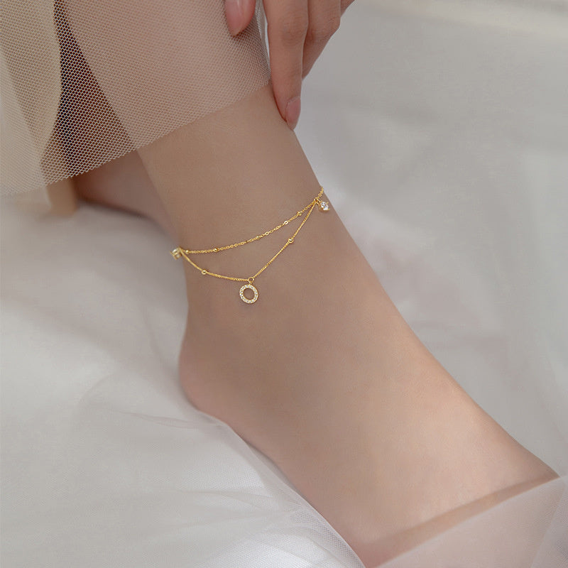Silver Diamond Ring Anklet Double Layer Simple