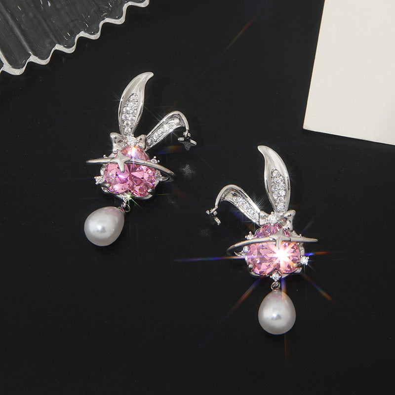 Micro Inlaid Powder Zirconium Rabbit Earrings Women's Light Luxury