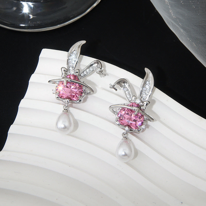 Micro Inlaid Powder Zirconium Rabbit Earrings Women's Light Luxury