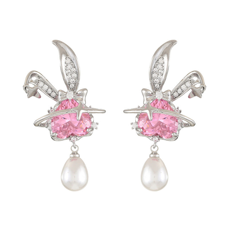 Micro Inlaid Powder Zirconium Rabbit Earrings Women's Light Luxury