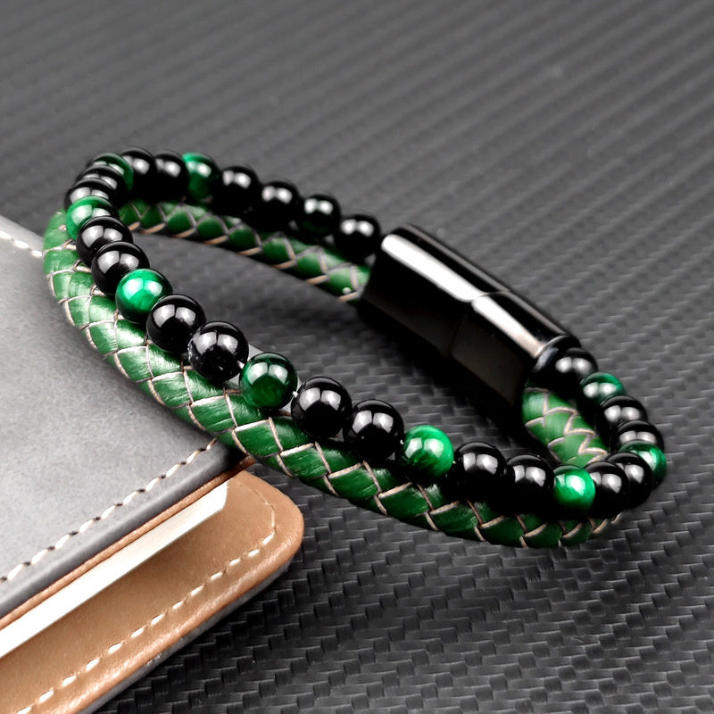 Fashion Multi-layer Beaded Green Tiger Eye Leather Bracelet