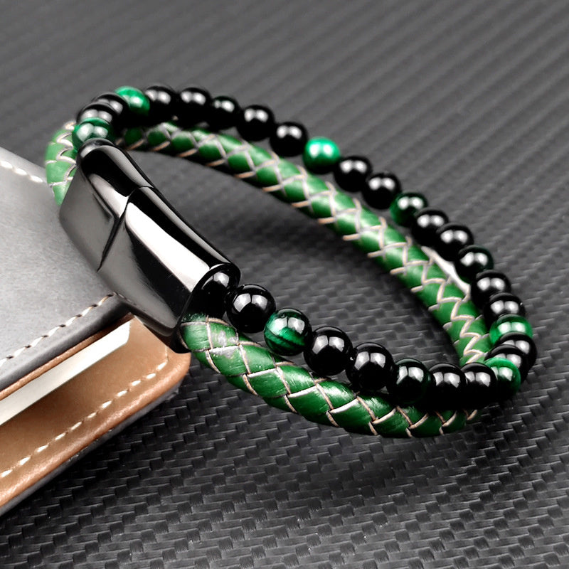 Fashion Multi-layer Beaded Green Tiger Eye Leather Bracelet