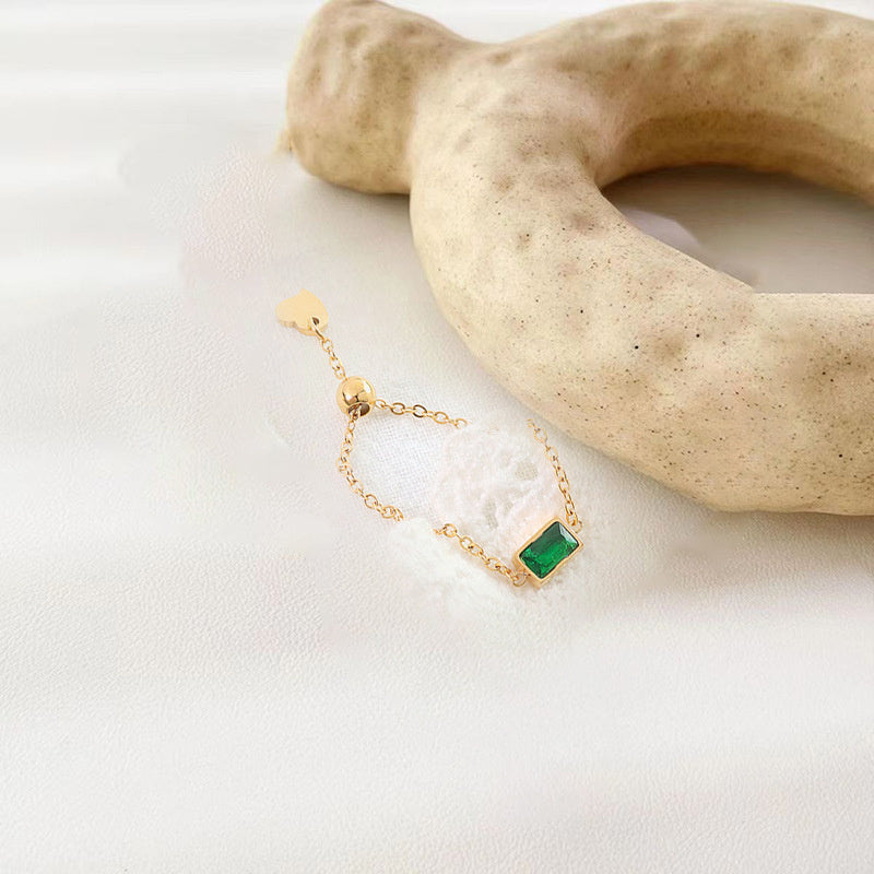 Personality Pull Chain Green Zircon Design Personality Ring Female