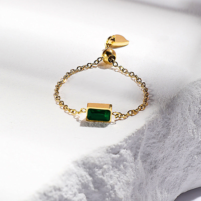 Personality Pull Chain Green Zircon Design Personality Ring Female