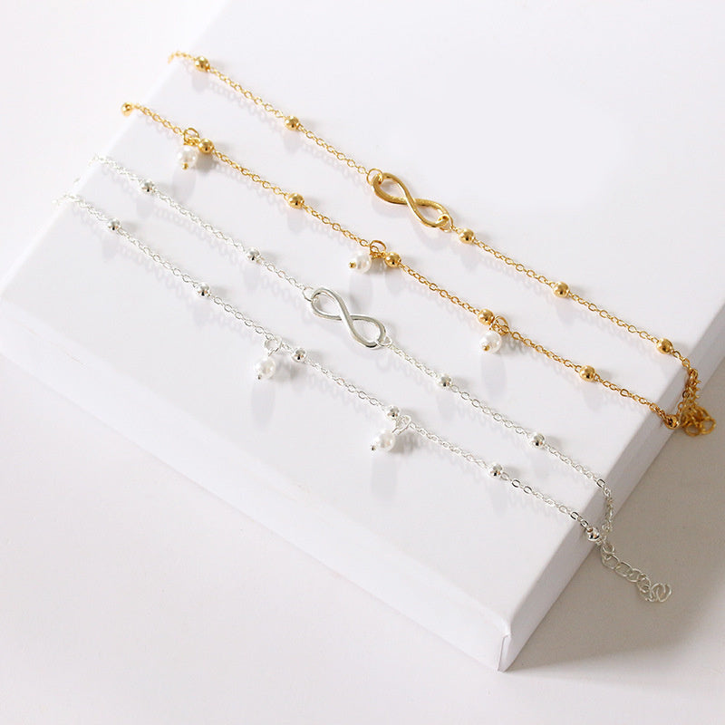 Pearl 8-word Ornament Women's Handmade Beaded Double Chain Foot Ornaments