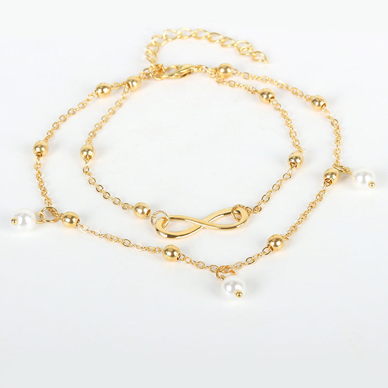 Pearl 8-word Ornament Women's Handmade Beaded Double Chain Foot Ornaments