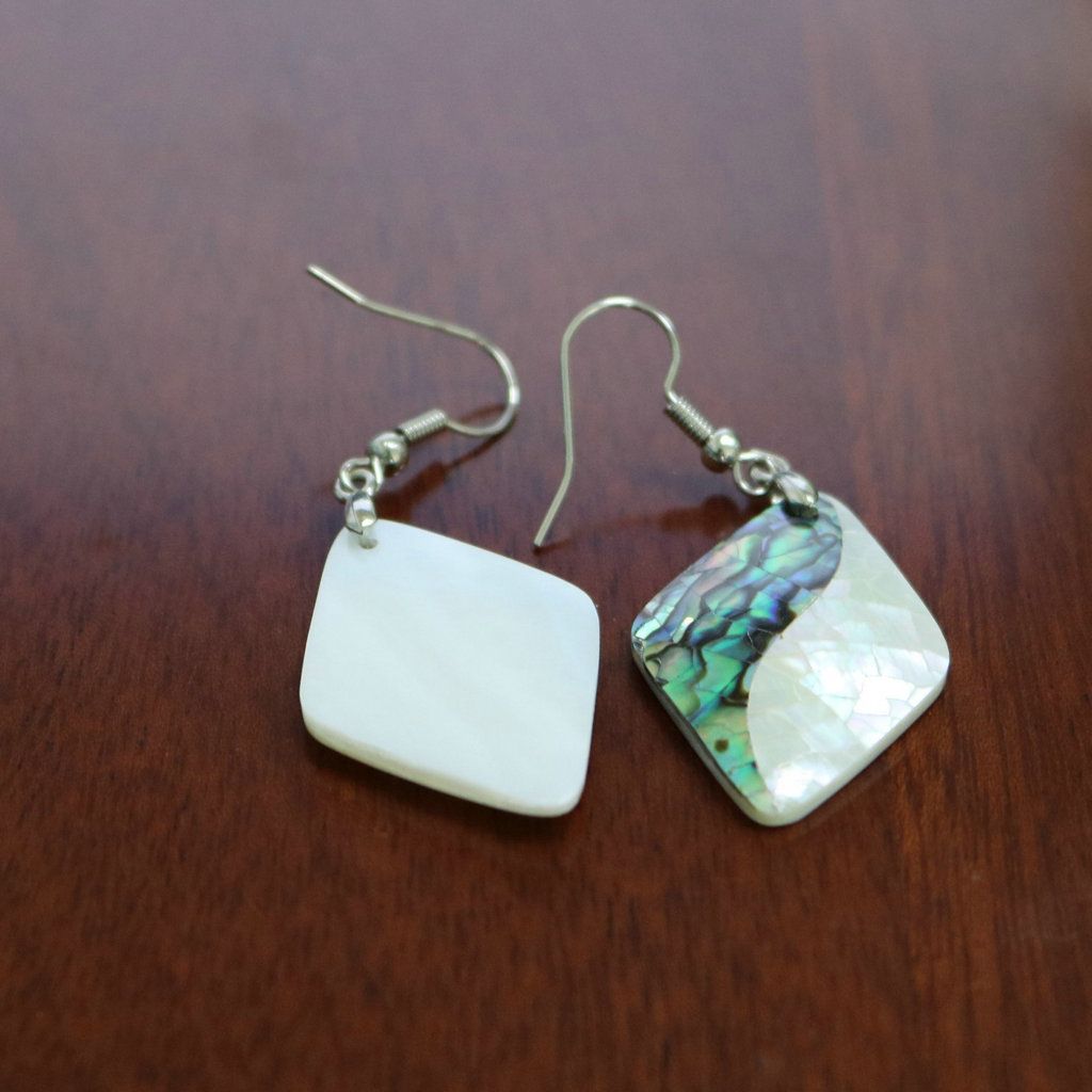 Prismatic White And Green Abalone Shell Earrings